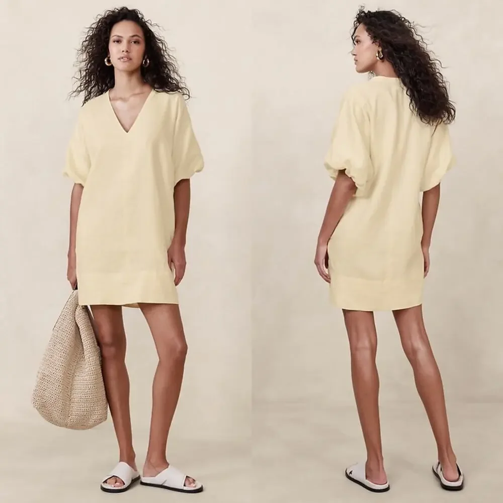 NEW Banana Republic Livia Linen Mini Shift Dress size Medium Butter Yellow